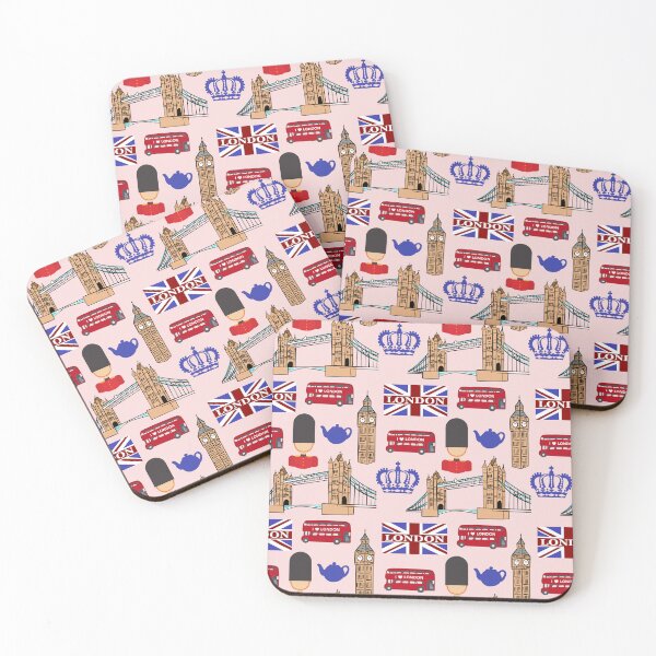 Item preview, London Highlights - Pink | Big Ben, Tower Bridge, Red Bus, Crown, Guard, Flag and Teapot Pattern designed and sold by Lindsay Marie Patterns.
