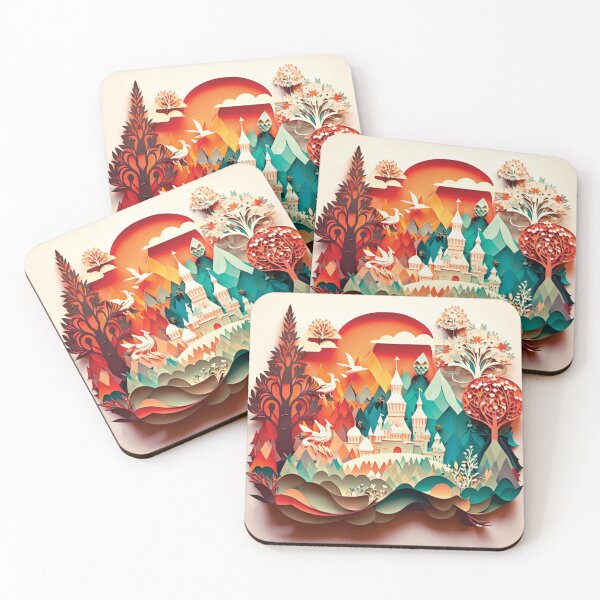 Item preview, beautiful castle with trees and mountains paper cut style designed and sold by artpapercuts.