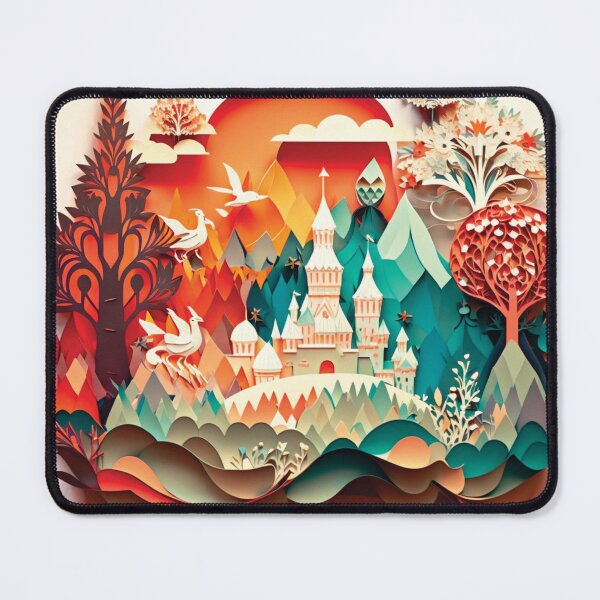 Item preview, beautiful castle with trees and mountains paper cut style designed and sold by artpapercuts.