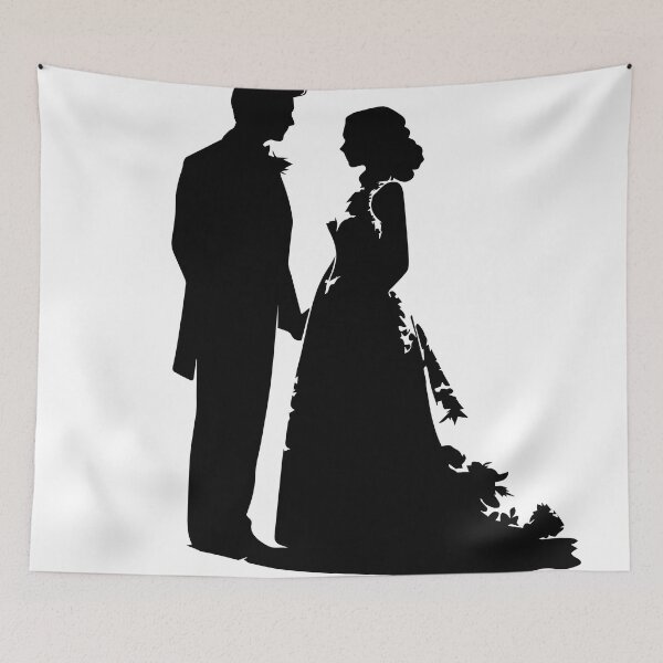 Item preview, Black silhouette of a man and woman in wedding attire getting married designed and sold by janedewaard.