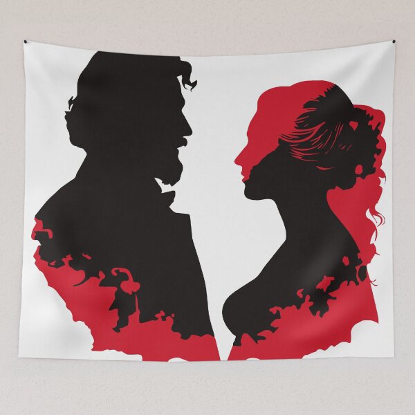 Item preview, Black and red silhouette of a man and woman in wedding attire getting married designed and sold by janedewaard.