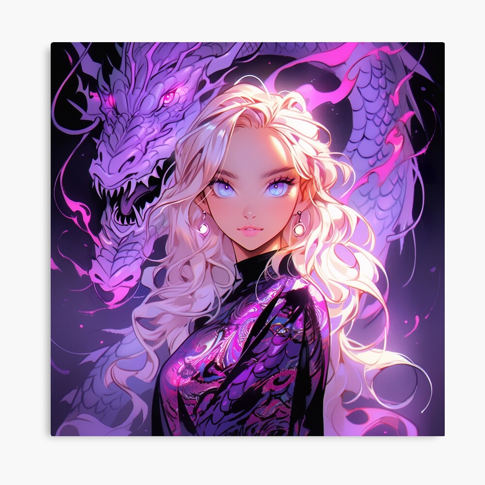 Beautiful Purple Anime Girl and Dragon