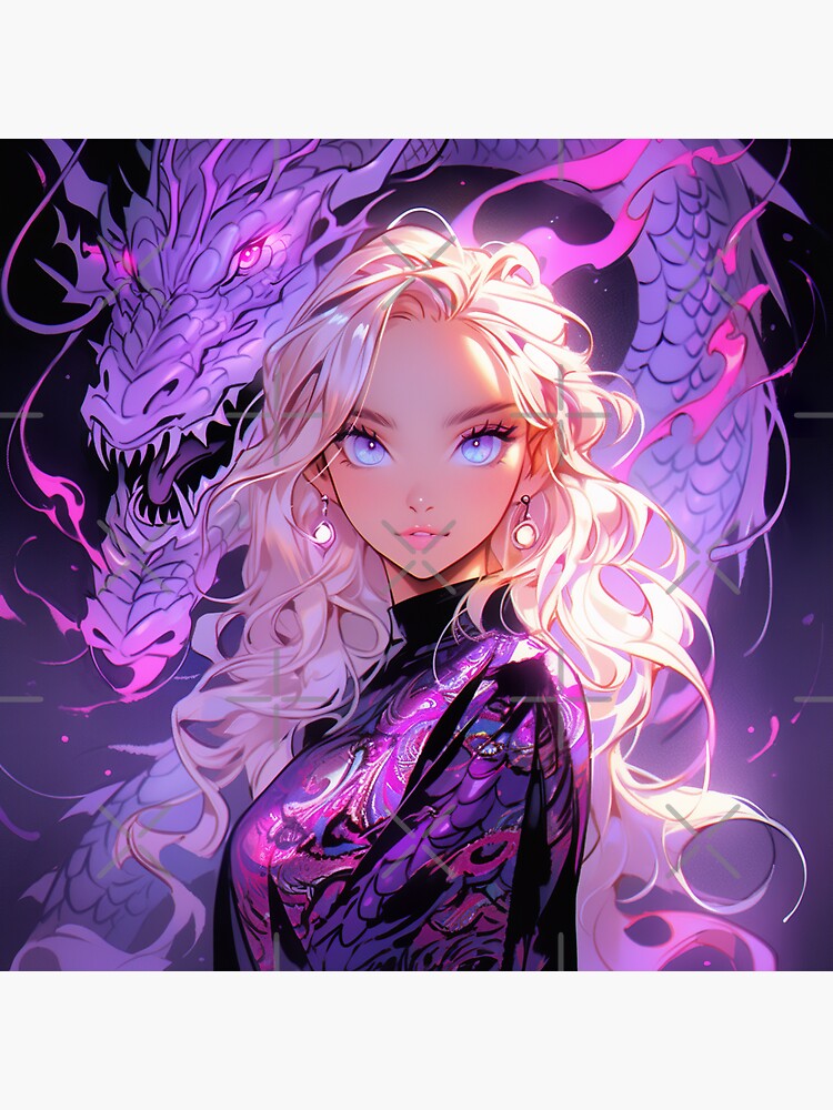 Beautiful Purple Anime Girl and Dragon Sticker for Sale by