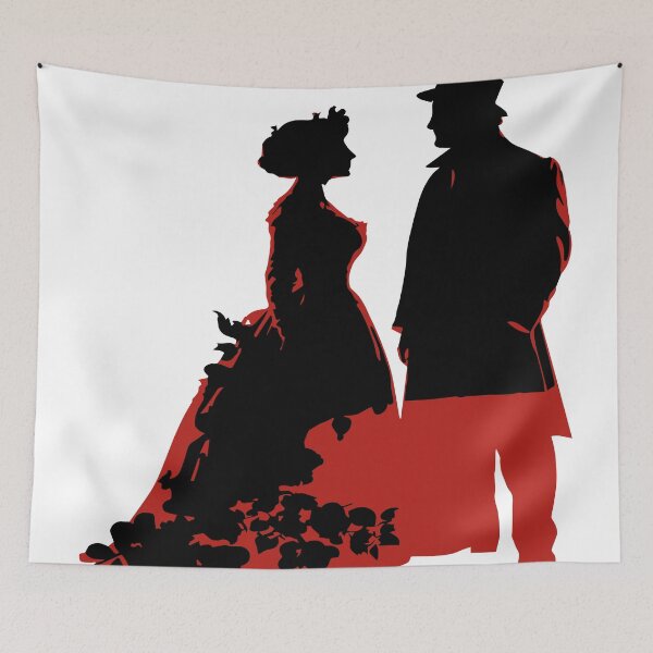 Item preview, Black and red silhouette of a man and woman in wedding attire getting married designed and sold by janedewaard.