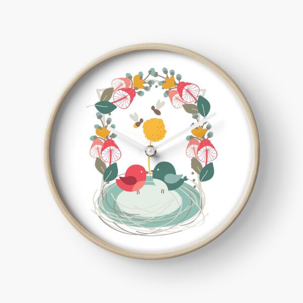 Cute birds holding a flower with bees buzzing Clock