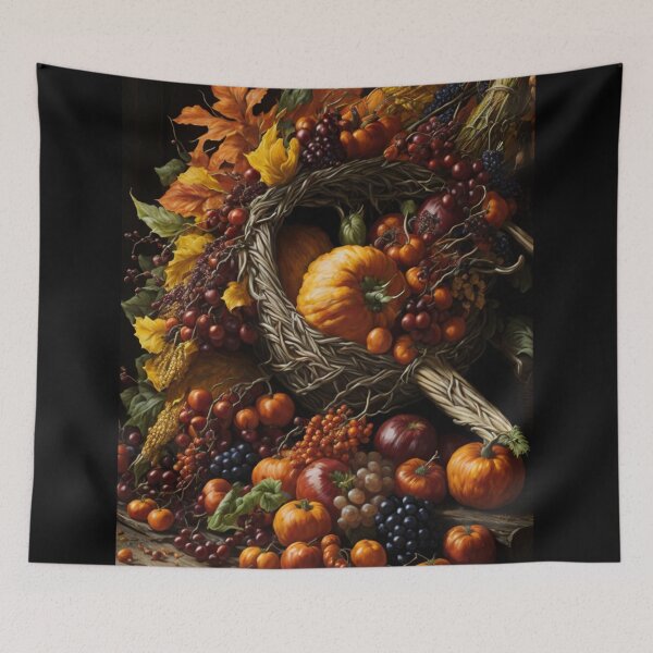 Item preview, A classic Cornucopia overflowing With Bountiful Fall Harvest Vegetables and fruits Fall Colors Autumn Theme designed and sold by D-RailFineArt.
