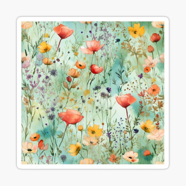 Colorful Watercolor Wildflowers on a Green Background Sticker