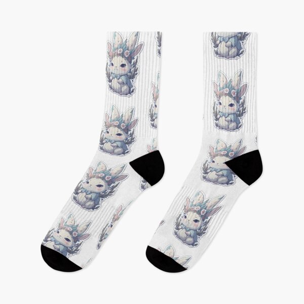 Artikelvorschau, Chibi-Baby, weißes und graues schlafendes Kaninchen mit Blumenkrone, Vintage-süßes Häschen, Flora, Aquarellfauna entworfen und verkauft von Print&Perfection ⭐⭐⭐⭐⭐.