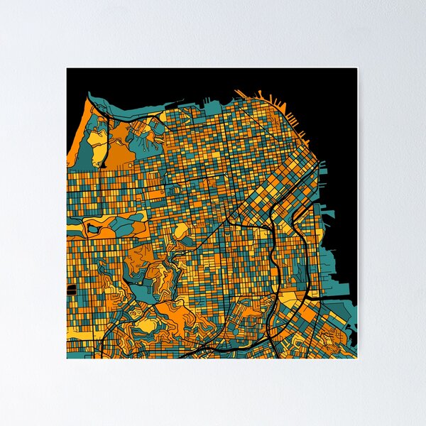 Artikelvorschau, San Francisco-Kartenmuster in Orange und Blaugrün entworfen und verkauft von PatternMaps.