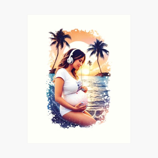 Item preview, Beautiful Pregnant Woman Listening To Music On a Sunset Beach Travel Enjoying Summer designed and sold by TriniTeeClub.