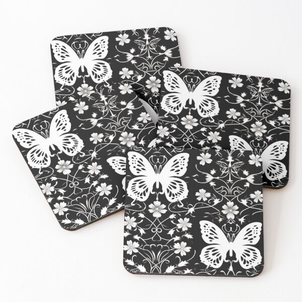 Artikelvorschau, Buntes Fantasiemuster schwarz weiß Spitze Ornamente, Schmetterlinge entworfen und verkauft von G-M-Designs.
