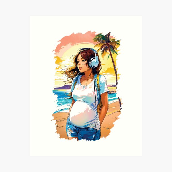 Item preview, Cute Pregnant Woman Listening To Music Walking On a Beach Travel Summer designed and sold by TriniTeeClub.