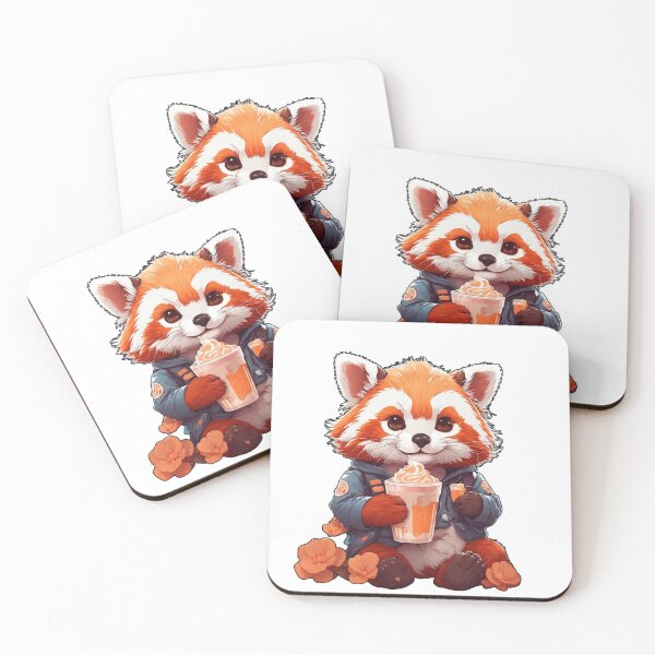 Item preview, red kawaii panda drinking coffee designed and sold by irosh madushan.