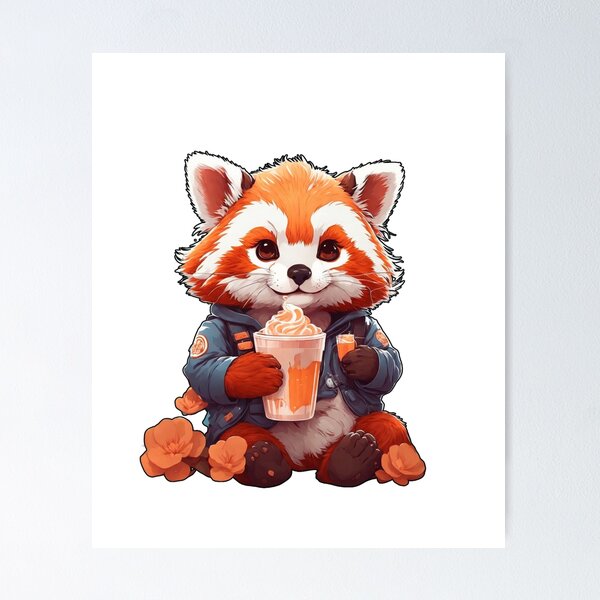 Item preview, red kawaii panda drinking coffee designed and sold by irosh madushan.