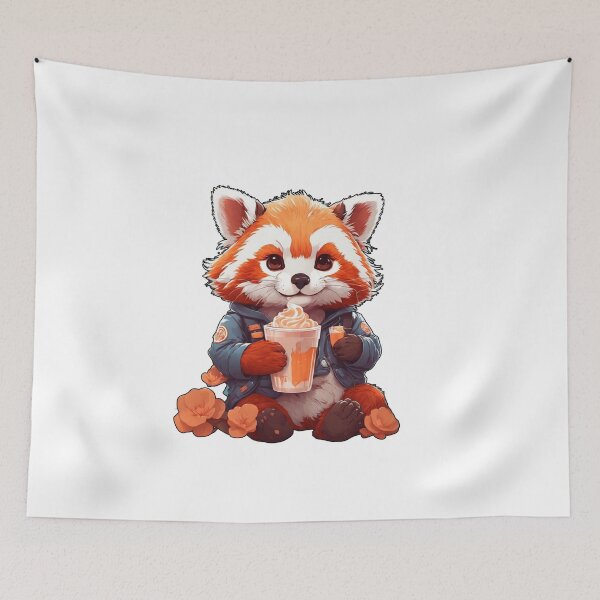 Item preview, red kawaii panda drinking coffee designed and sold by irosh madushan.