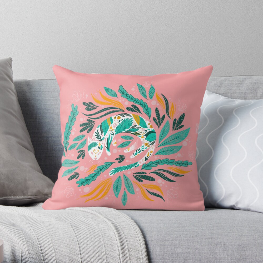 Floral Kitty Throw Pillow