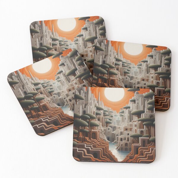 Item preview, White City Mirage: Op Art Style Cityscape with Orange Sky designed and sold by Moisky Art.