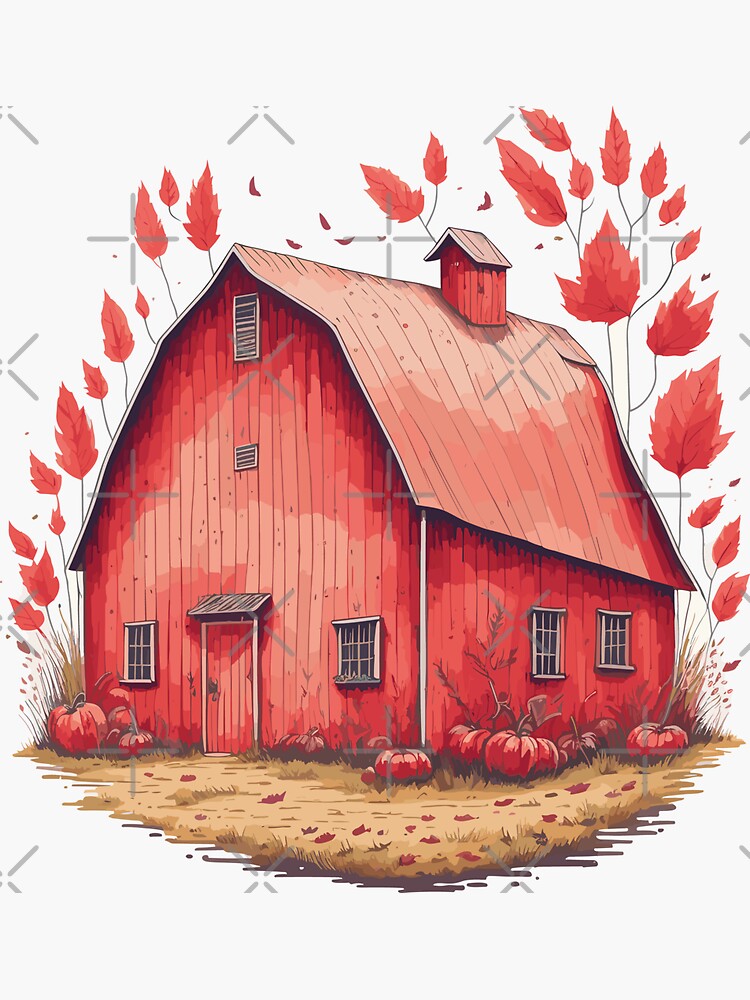 Thumbnail 3 of 3, Sticker, Fall countryside with red farm barn. designed and sold by Victoria Riabov.