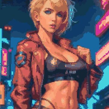 Artwork thumbnail, Synthwave Cyberpunk Retro Red Leather Jacket Blonde Girl by 8bitglam