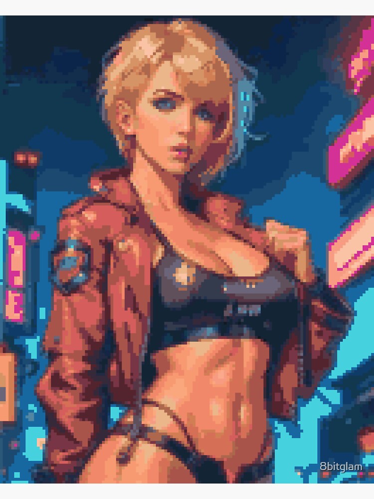 Thumbnail 3 of 3, Sticker, Synthwave Cyberpunk Retro Red Leather Jacket Blonde Girl designed and sold by 8bitglam.