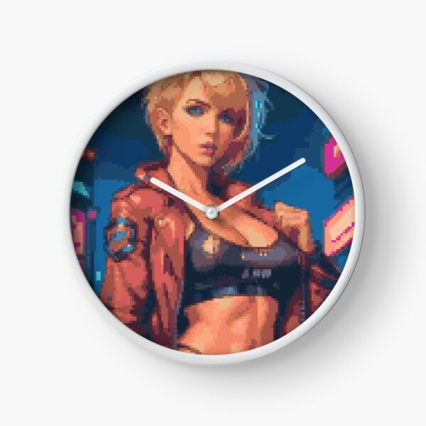 Synthwave Cyberpunk Retro Red Leather Jacket Blonde Girl Clock