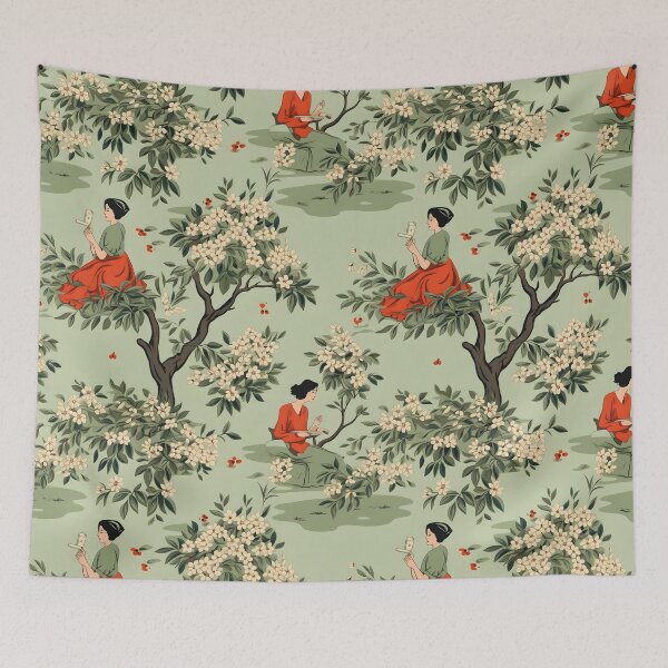 Item preview, Red Apples, Green Leaves, Books and Mirrors—Under the Apple Autumn Tree, Fall Design, apple orchard wallpaper designed and sold by ignasirus.