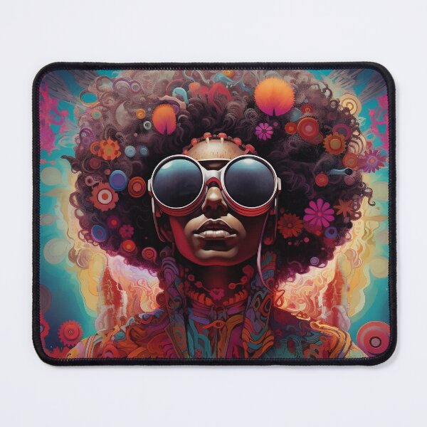 Item preview, Things Are Looking Up, Psychedelic black african woman in goggles listening to music with flowers in her hair and on her clothes designed and sold by jeanfmarc.