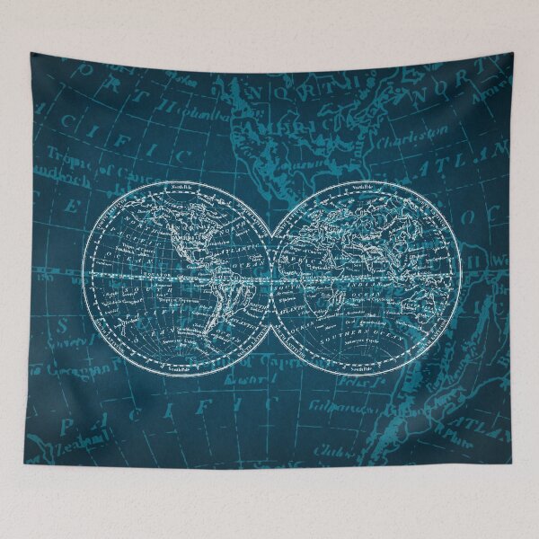 Item preview, ANTIQUE NAVIGATION WORLD MAP IN TURQUOISE AND WHITE designed and sold by sundressedbcnES.