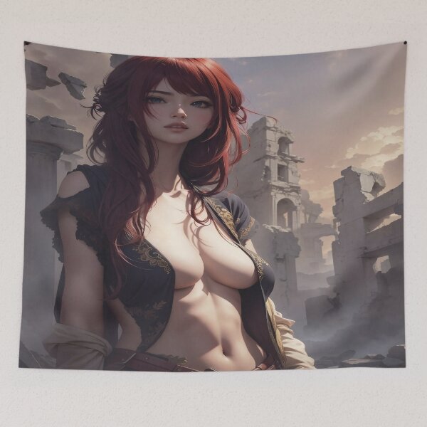 Aperçu de l'œuvre Crimson Enigma : Femme fantastique dans des ruines sombres créée et vendue par PinUpPavilion.