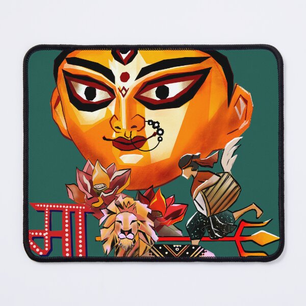 Item preview, Durga Puja Bengali Hindu Festival Celebration Art with Lion ,Drummer and Lotus in Digital Pop Art Style designed and sold by Shadesandcolor.