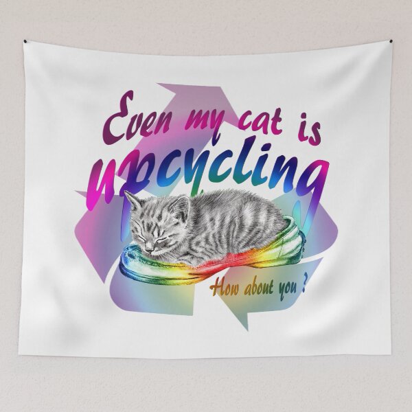 Item preview, Sleeping kitten in old shoe - graphite version, Upcycling text in English colorized rainbow 2 designed and sold by SylvieG18.