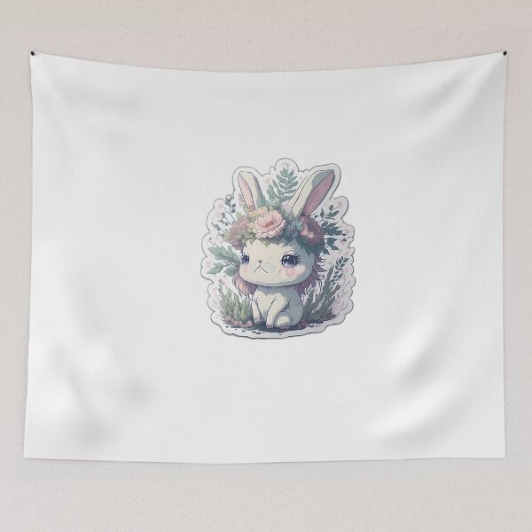 Artikelvorschau, Chibi-Baby, weißes und graues schlafendes Kaninchen mit Blumenkrone, Vintage-süßes Häschen, Flora, Aquarellfauna entworfen und verkauft von Print&Perfection ⭐⭐⭐⭐⭐.