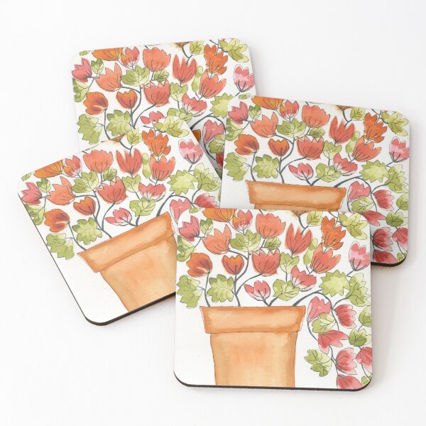 Item preview, Watercolor of late summer memories with red flowers in a terracotta pot  designed and sold by SunnyAunt.