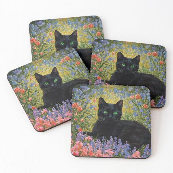 Item preview, Black cat with green eyes in a meadow of bluebells designed and sold by charlesgoins.