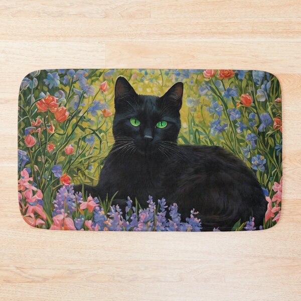 Item preview, Black cat with green eyes in a meadow of bluebells designed and sold by charlesgoins.