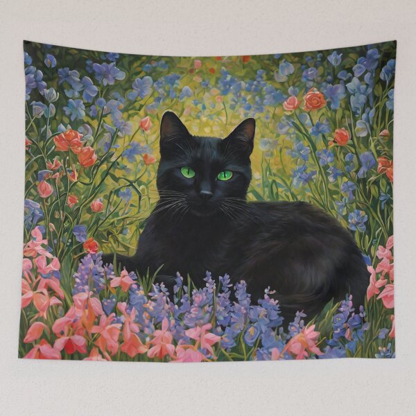 Item preview, Black cat with green eyes in a meadow of bluebells designed and sold by charlesgoins.