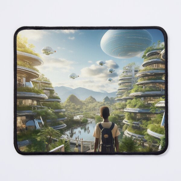 Item preview, Where we belong, black African boy standing in lush futuristic and sustainable city designed and sold by jeanfmarc.
