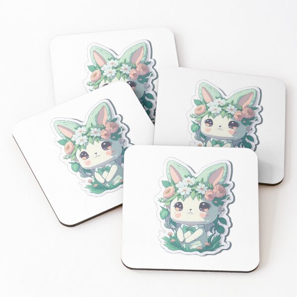 Artikelvorschau, Chibi-Baby, weißes und graues schlafendes Kaninchen mit Blumenkrone, Vintage-süßes Häschen, Flora, Aquarellfauna entworfen und verkauft von Print&Perfection ⭐⭐⭐⭐⭐.