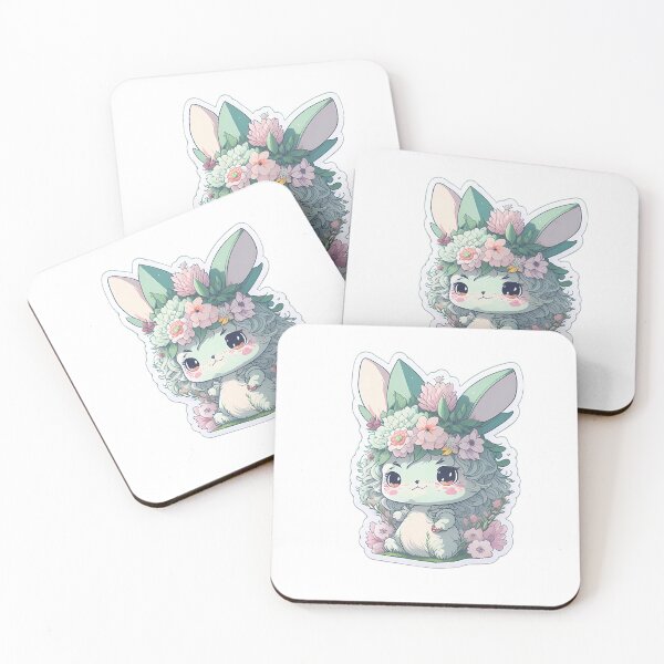 Artikelvorschau, Chibi-Baby, weißes und graues schlafendes Kaninchen mit Blumenkrone, Vintage-süßes Häschen, Flora, Aquarellfauna entworfen und verkauft von Print&Perfection ⭐⭐⭐⭐⭐.