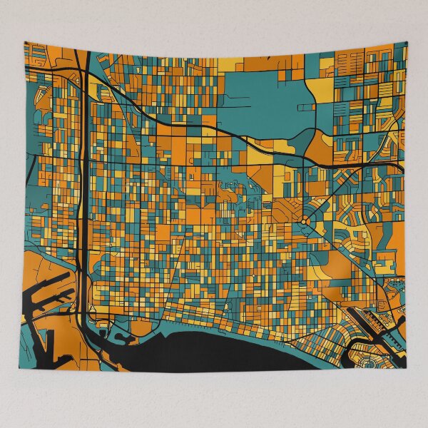 Item preview, Long Beach Map Pattern in Orange & Teal designed and sold by PatternMaps.