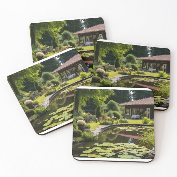 Item preview, Image of a landscaped garden with a pond in the style of an oil painting designed and sold by Pflugart.