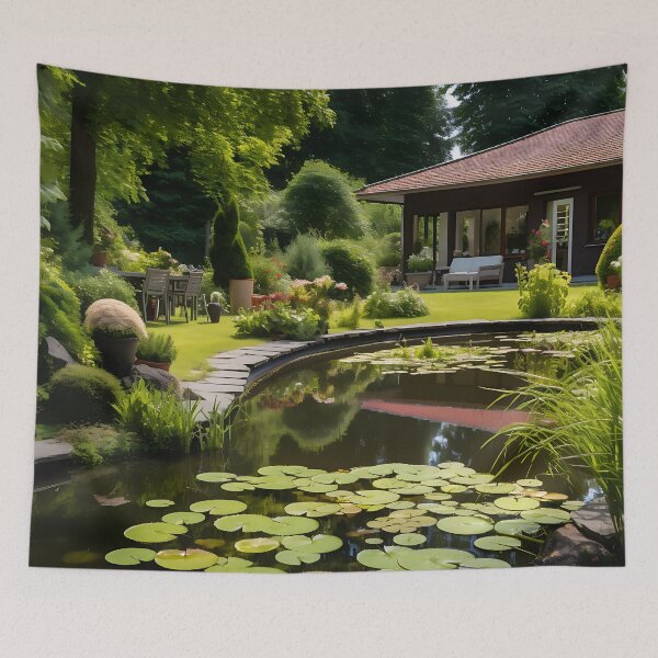 Item preview, Image of a landscaped garden with a pond in the style of an oil painting designed and sold by Pflugart.