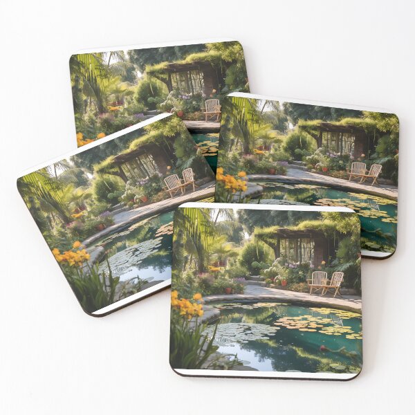 Item preview, Image of a landscaped garden with a pond in the style of an oil painting designed and sold by Pflugart.