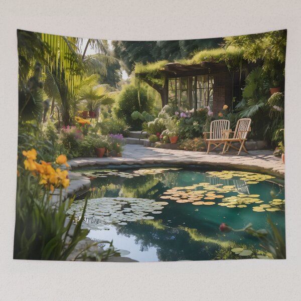 Item preview, Image of a landscaped garden with a pond in the style of an oil painting designed and sold by Pflugart.