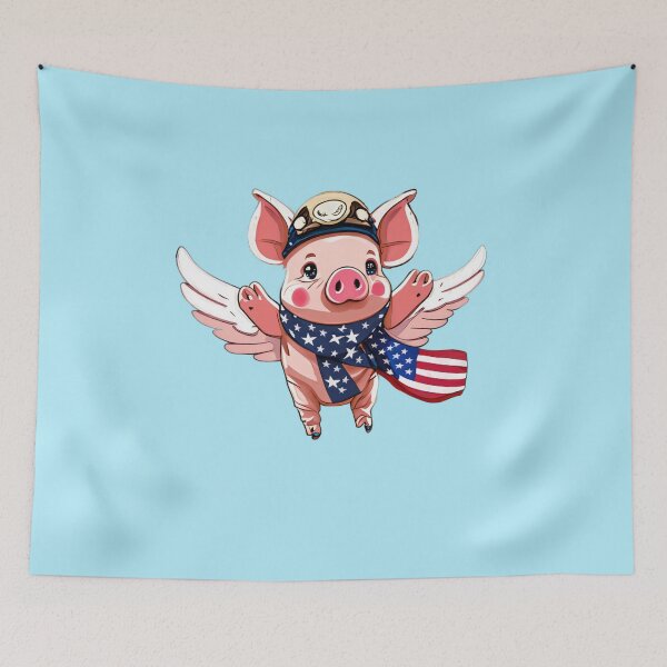 Item preview, flying cute aviator pig with american flag scarf, when pigs fly designed and sold by Sunmoonlove.