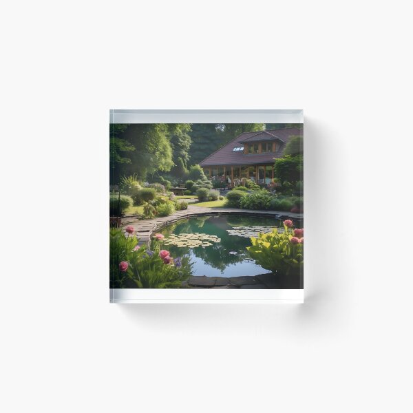 Item preview, Image of a landscaped garden with a pond in the style of an oil painting designed and sold by Pflugart.