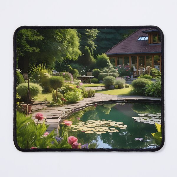 Item preview, Image of a landscaped garden with a pond in the style of an oil painting designed and sold by Pflugart.