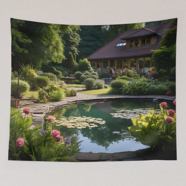 Item preview, Image of a landscaped garden with a pond in the style of an oil painting designed and sold by Pflugart.