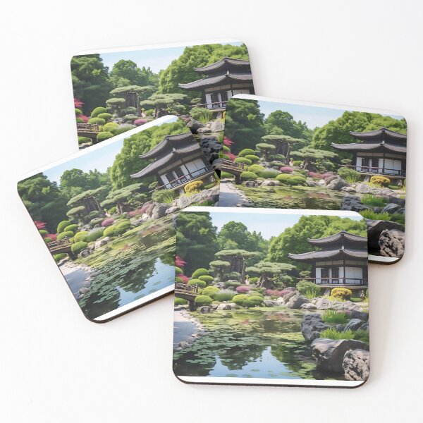 Item preview, Image of a Japanese garden with a pond in the style of an oil painting designed and sold by Pflugart.
