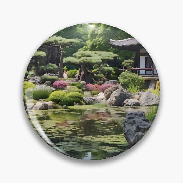 Item preview, Image of a Japanese garden with a pond in the style of an oil painting designed and sold by Pflugart.